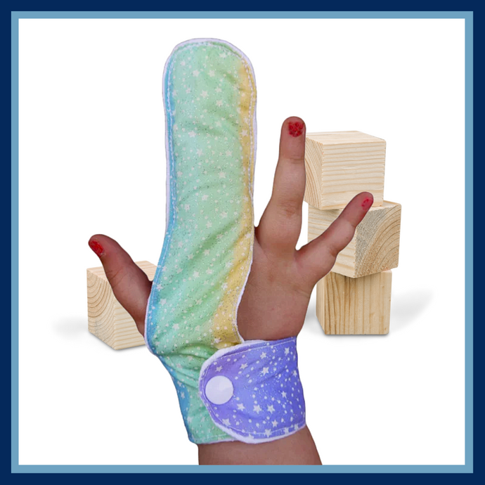 A stripey star themed finger guard to help break finger sucking habits in adults and children.  The Thumb Guard Store