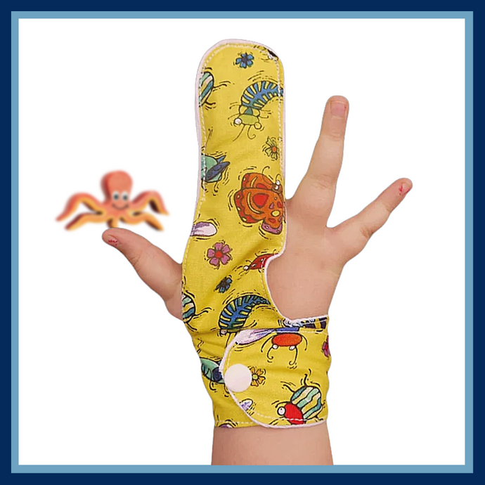 Brightly coloured, bug themed finger guard to help children and adults stop habits such as finger sucking. This product has a moisture resistant lining. Made by The Thumb Guard Store.