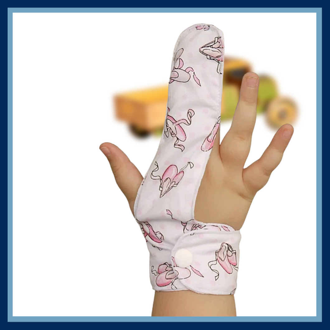 Finger guard for children who want to stop finger sucking. Ballet slipper themed fabric
