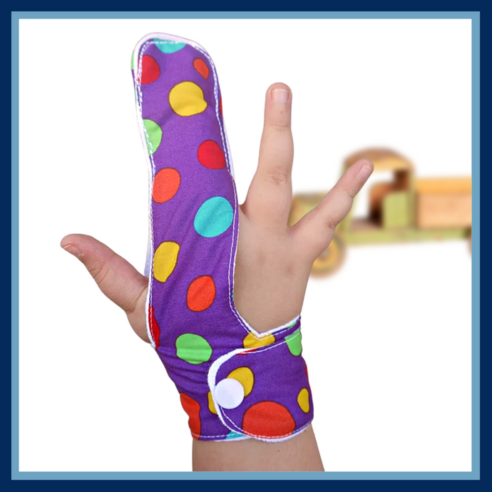 A colourful polka dot finger guard to help children stop thumb sucking. Has a moisture resistant lining. The Thumb Guard Store.