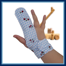 Load image into Gallery viewer, Finger guard is made from blue gingham fabric featuring strawberries and cherries, designed to help stop finger sucking, with a moisture-resistant lining and a choice of fastenings for comfortable and effective use. The Thumb Guard Store
