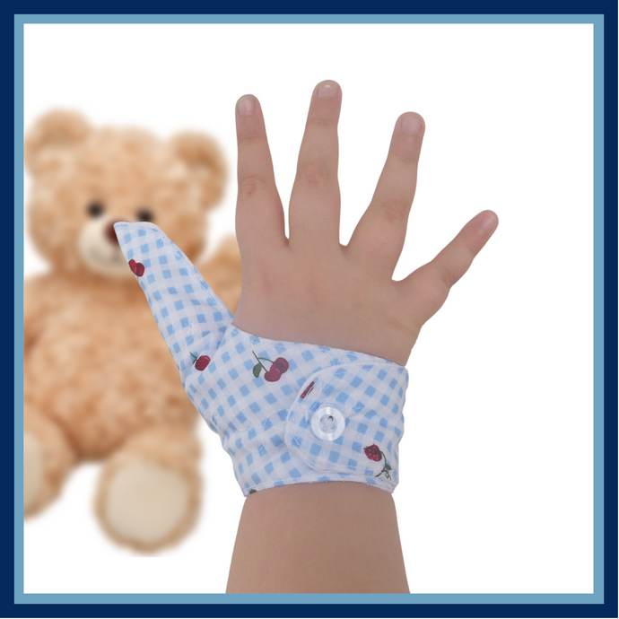 Prevent thumb sucking with this blue check, fruit themed, fabric thumb guard. Features strawberry and cherry design, moisture-resistant lining, and various fastening options. Say goodbye to the habit with comfort and style.
