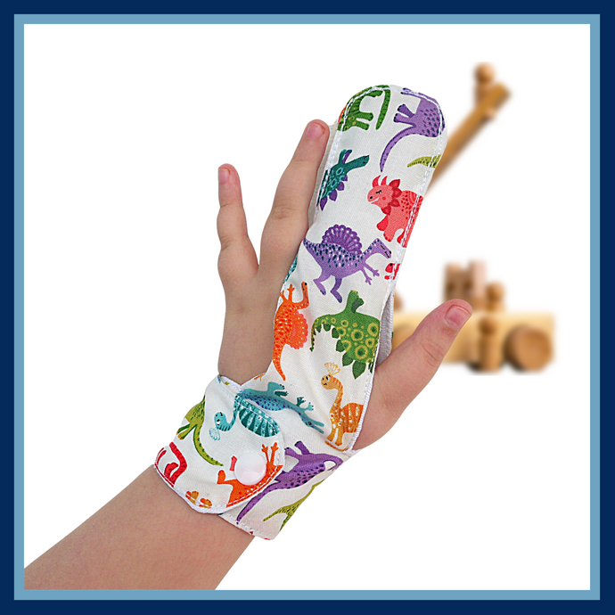 Fabric finger guards by The Thumb Guard Store, made with top-quality materials, including a moisture-resistant lining,  fastening options. Colorful dinosaur themed. They are easy to wash by hand and fast drying for convenience and longevity.