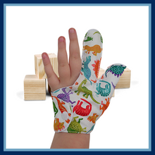 Load image into Gallery viewer, Fabric thumb and finger guard by the Thumb Guard Store, made with top-quality fabrics, and a moisture-resistant lining,  three fastening options. Colourful dinosaur themed. They&#39;re easy to wash and fast drying for convenience and longevity.
