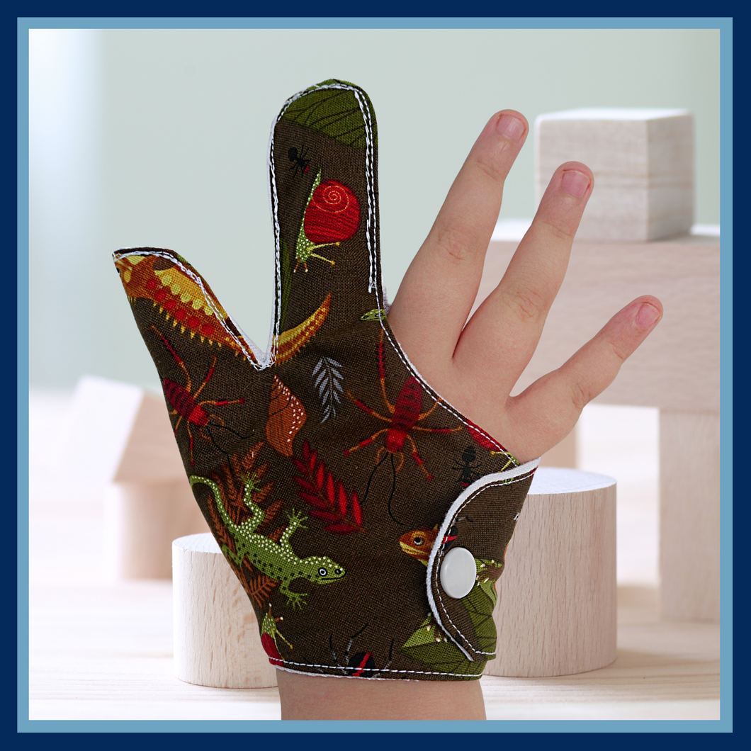 Fabric thumb and finger guard by the Thumb Guard Store, made with top-quality fabrics, and a moisture-resistant lining, three fastening options. forest creature themed. They're easy to wash and fast drying for convenience and longevity.