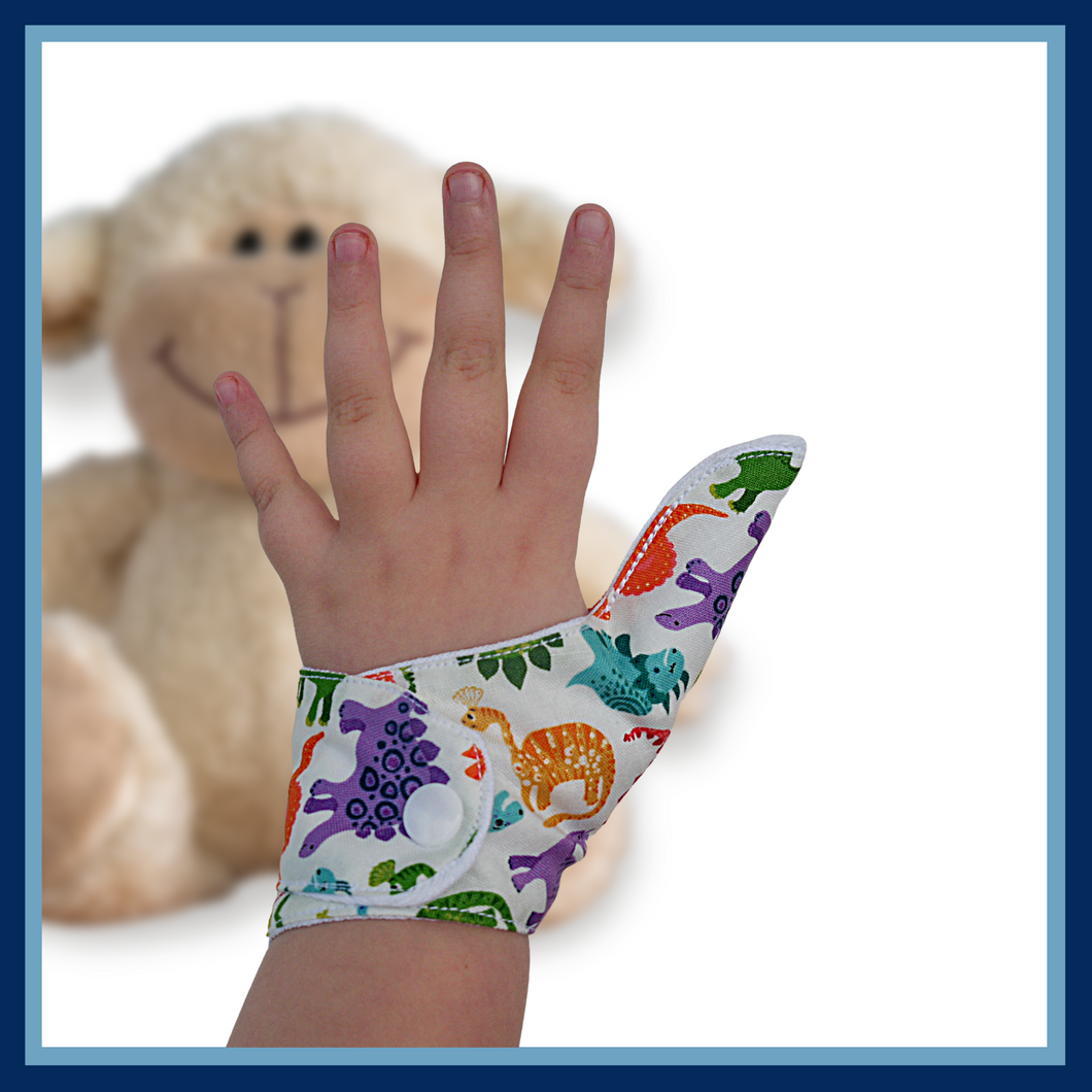 Thumb guards from the Thumb Guard Store with moisture-resistant lining and three fastening options. Made with quality white fabric featuring adorable, brightly colored dinosaurs, they are easy to wash by hand and fast drying for ultimate protection.
