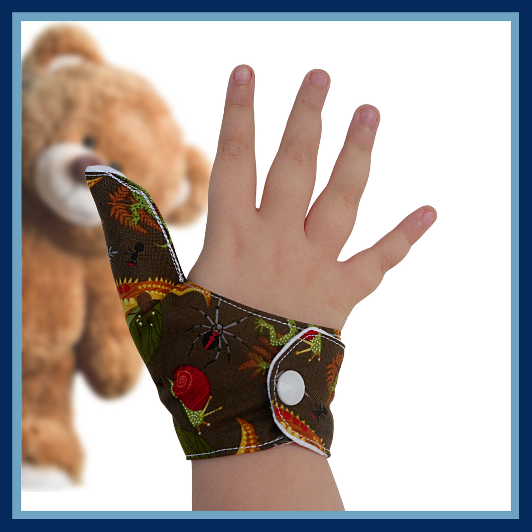 Thumb guards from the Thumb Guard Store with moisture-resistant lining and three fastening options. Made with quality brown fabric featuring creatures from the forest floor, they are easy to wash by hand and fast drying for ultimate protection.