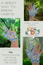 Load image into Gallery viewer, A thumb guard that also covers the index finger to help stop thumb and finger-sucking habits in kids. This thumb and finger guard features colorful jungle animals on a blue background. It has a moisture-resistant lining. The Thumb Guard Store 
