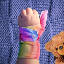 Load image into Gallery viewer, Baby and toddler thumb guard with cuff. Rainbow fabric
