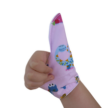Load image into Gallery viewer, Thumb sucking thumb Guard. Single thumb glove, pink dinosaur themed.

