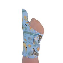 Load image into Gallery viewer, Baby and toddler thumb guard with cuff. Wild animal fabric
