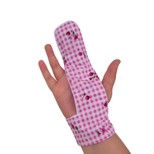 Load image into Gallery viewer, Finger guard glove to help children and adults stop finger sucking. Pink Gingham strawberry and cherry theme theme

