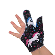 Load image into Gallery viewer, Unicorn-themed glittery fabric on a black background. Thumb Guard with moisture-resistant lining and various fastening options available. Made by The Thumb Guard Store to help stop finger-sucking and other habits. 
