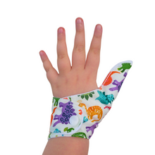 Load image into Gallery viewer, Thumb guards from the Thumb Guard Store with moisture-resistant lining and three fastening options. Made with quality white fabric featuring adorable, brightly colored dinosaurs, they are easy to wash by hand and fast drying for ultimate protection.
