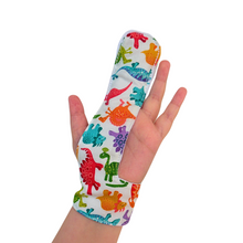 Load image into Gallery viewer, Fabric finger guards by The Thumb Guard Store, made with top-quality materials, including a moisture-resistant lining,  fastening options. Colorful dinosaur themed. They are easy to wash by hand and fast drying for convenience and longevity.
