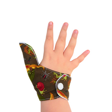 Load image into Gallery viewer, Thumb guards from the Thumb Guard Store with moisture-resistant lining and three fastening options. Made with quality brown fabric featuring creatures from the forest floor, they are easy to wash by hand and fast drying for ultimate protection.
