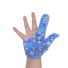 Load image into Gallery viewer, Combined thumb and finger guard for children who want to stop finger sucking.  Blue bee and flower themed fabric

