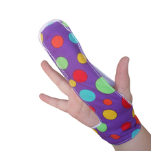 Load image into Gallery viewer, Finger guard for children who want to stop finger sucking.  colourful polka dots on purple background themed fabric

