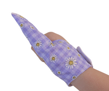 Load image into Gallery viewer, Thumb Guard, daisies on lavender gingham style background. Glittery fabric. Stop thumb sucking habit.
