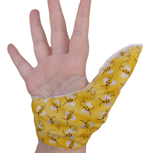 Load image into Gallery viewer, Thumb guard.  Stop thumb sucking thumb glove. Yellow glittery bee themed design
