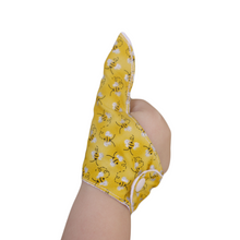 Load image into Gallery viewer, Thumb guard.  Stop thumb sucking thumb glove. Yellow glittery bee themed design
