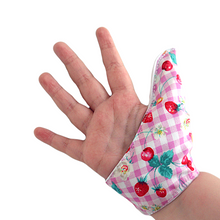 Load image into Gallery viewer, Thumb sucking thumb Guard. Single thumb glove, strawberry and cherry themed.
