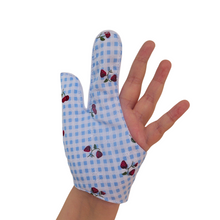 Load image into Gallery viewer, Prevent thumb sucking with this blue check, fruit themed, fabric thumb and finger guard. Features strawberry and cherry design, moisture-resistant lining, and various fastening options. Say goodbye to the habit with comfort and style.
