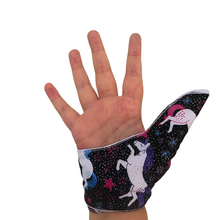 Load image into Gallery viewer, Unicorn-themed glittery fabric on a black background. Thumb Guard with moisture-resistant lining and various fastening options available. Made by The Thumb Guard Store to help stop finger-sucking and other habits.
