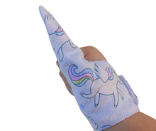Load image into Gallery viewer, Flannel fabric Thumb Guard, unicorn theme. Stop thumb sucking habit.
